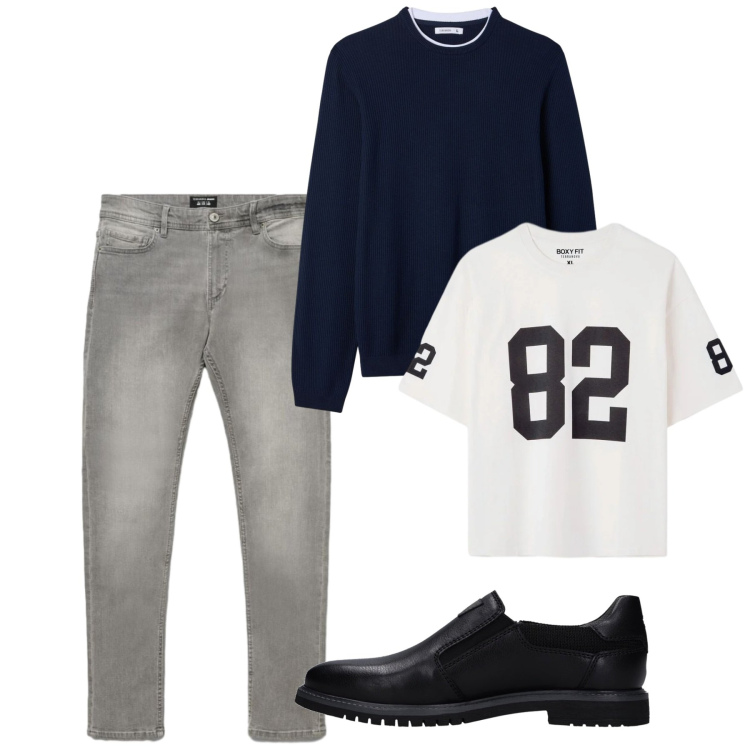 Outfit uomo - Ottobre. Stile Casual per Tutti i giorni. Abbinamento con jeans skinny, t-shirt, maglieria, scarpe stringate.