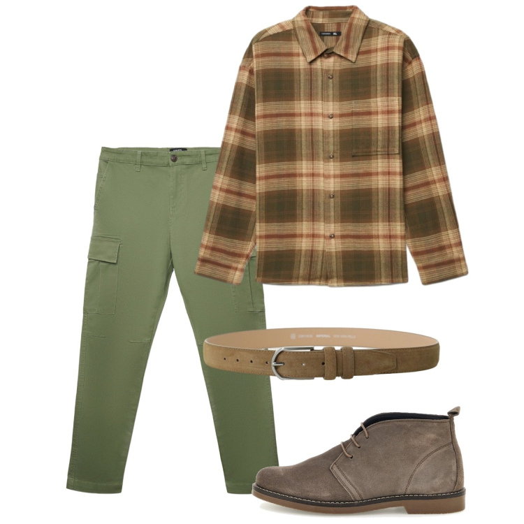 Outfit uomo - Weekend. Stile Casual per Tutti i giorni. Abbinamento con cinture, pantaloni cargo, camicie, stivali e stivaletti.