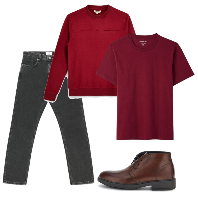 Outfit uomo - Ottobre rosso. Stile Casual per Tutti i giorni. Abbinamento con jeans dritti, t-shirt, felpe, stivali e stivaletti.