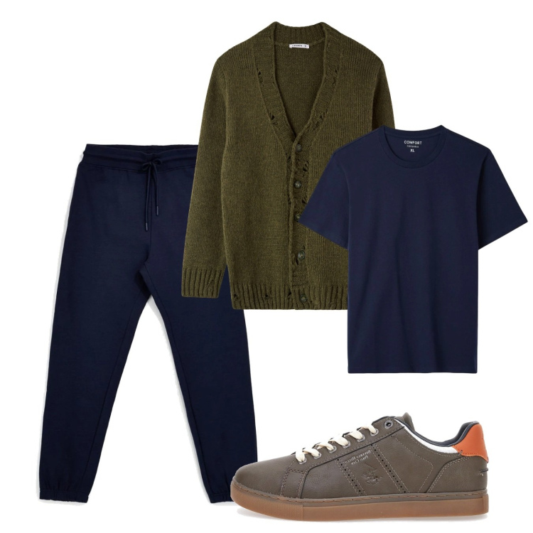 Outfit uomo - Tempo libero. Stile Casual per Tutti i giorni. Abbinamento con cardigans, t-shirt, sneakers, pantaloni.