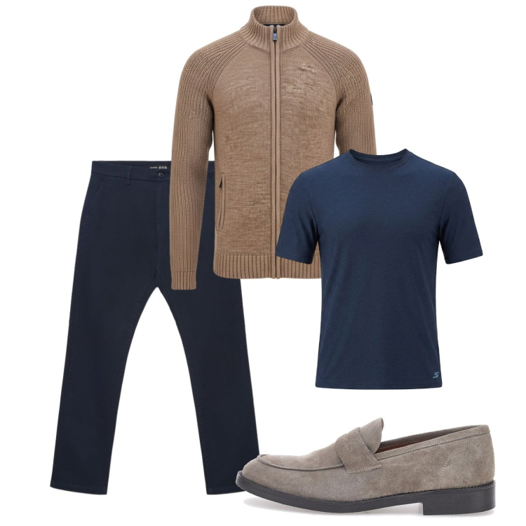 Outfit uomo - Ottobre. Stile Casual per Tutti i giorni. Abbinamento con pantaloni chino, scarpe stringate, pullovers, t-shirt.