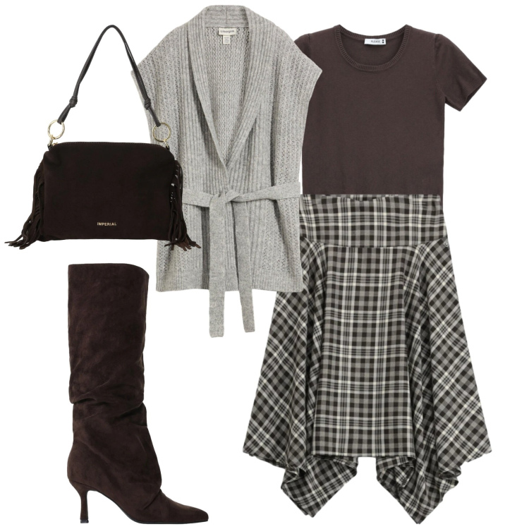 Outfit donna - City. Stile Trendy per Tutti i giorni. Abbinamento con stivali, borse a spalla, gonne longuette, t-shirt, maglieria.