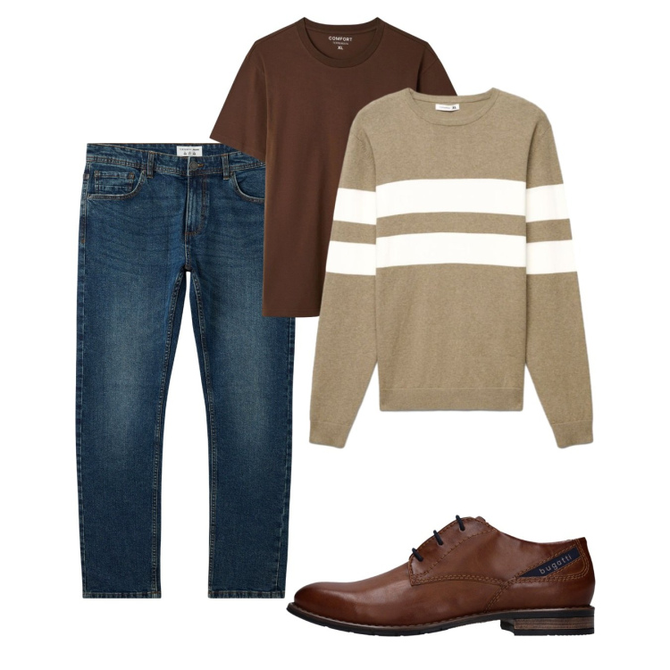 Outfit uomo - Ottobre. Stile Casual per Tutti i giorni. Abbinamento con jeans, t-shirt, maglieria, scarpe stringate.