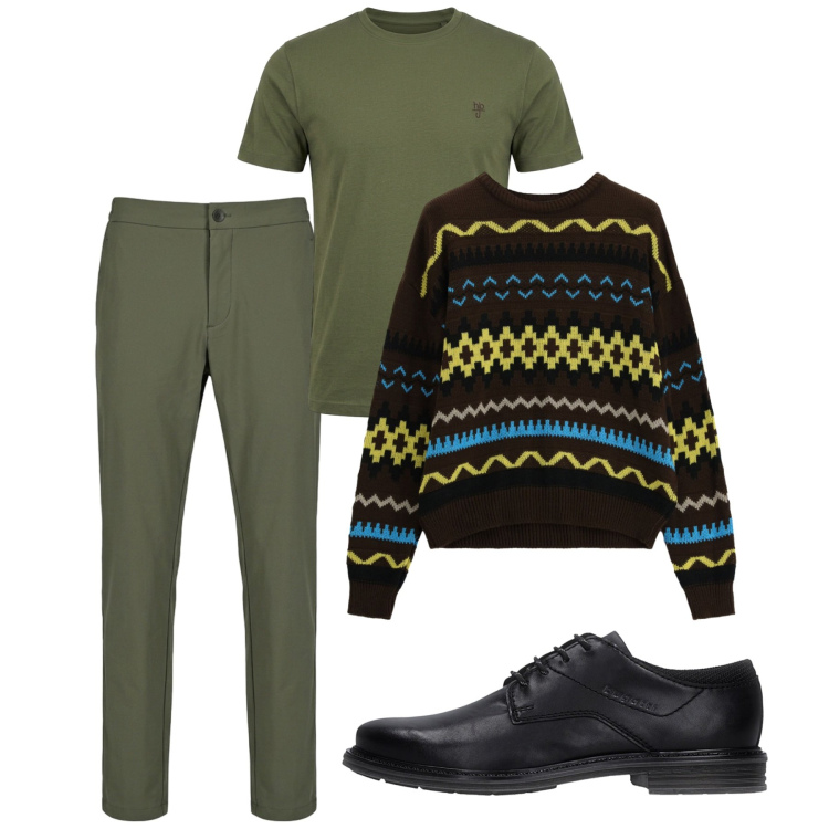 Outfit uomo - Ottobre avanzato. Stile Casual per Tutti i giorni. Abbinamento con t-shirt, maglieria, pantaloni, scarpe stringate.