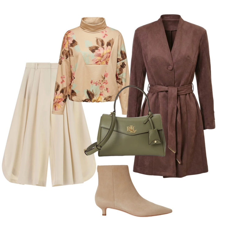 Outfit donna - Come foglie. Stile Glamour per Ufficio. Abbinamento con pantaloni culotte, borse a mano, stivaletti, trench, felpe.