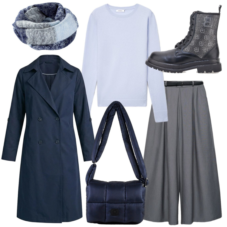 Outfit donna - Giornata fredda e piovosa. Stile Casual per Tutti i giorni. Abbinamento con borse a spalla, trench, pantaloni, maglieria, foulard, anfibi.