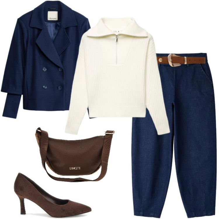 Outfit donna - Caban e Jeans balloon blu. Stile Casual per Ufficio. Abbinamento con cinture, maglieria, jeans, caban, borse a tracolla, décolleté.