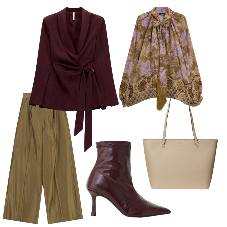 Outfit donna - Autumn day. Stile Glamour per Ufficio. Abbinamento con blazer, stivaletti, borse tote, bluse, pantaloni a palazzo.