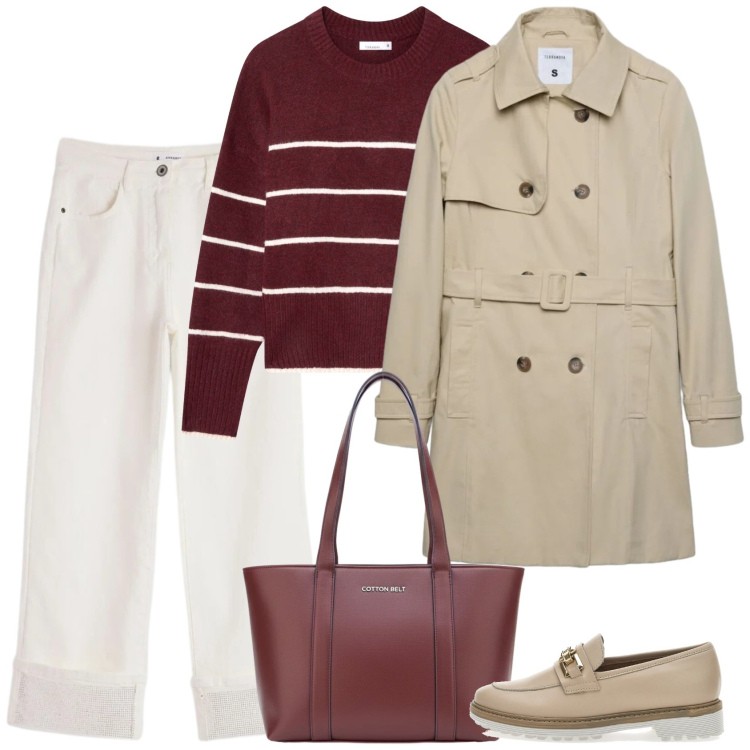 Outfit donna - Piove. Stile Casual per Tutti i giorni. Abbinamento con jeans, maglieria, trench, shopping bag, mocassini.