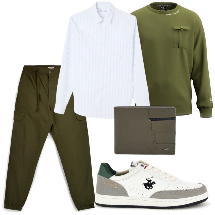 Outfit uomo - Street chic. Stile Trendy per Tutti i giorni. Abbinamento con camicie, felpe, portafogli, sneakers, pantaloni cargo.