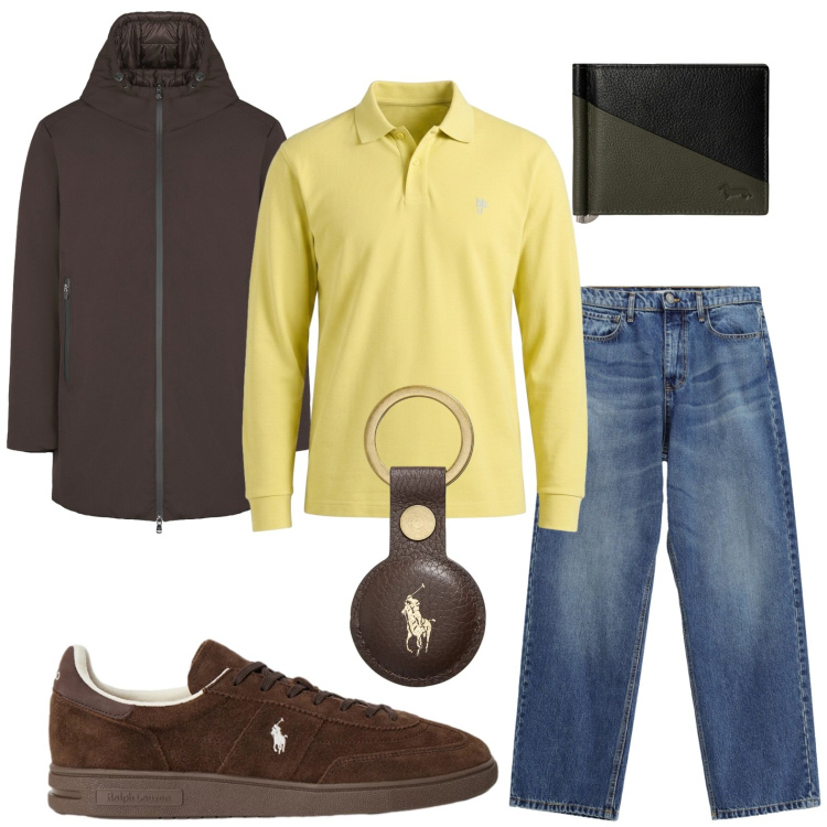 Outfit uomo - Street chic. Stile Trendy per Tutti i giorni. Abbinamento con polo, portafogli, jeans, sneakers, portachiavi, parka.
