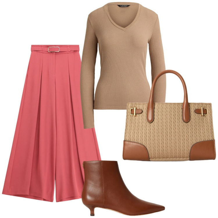 Outfit donna - Giornata libera. Stile Basic per Tutti i giorni. Abbinamento con pantaloni a palazzo, stivaletti, borse tote, maglieria.