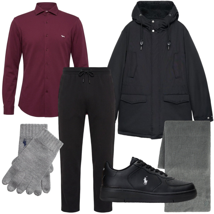 Outfit uomo - Trendy urbano. Stile Urban per Tutti i giorni. Abbinamento con camicie, sciarpe, pantaloni, sneakers, guanti, parka.