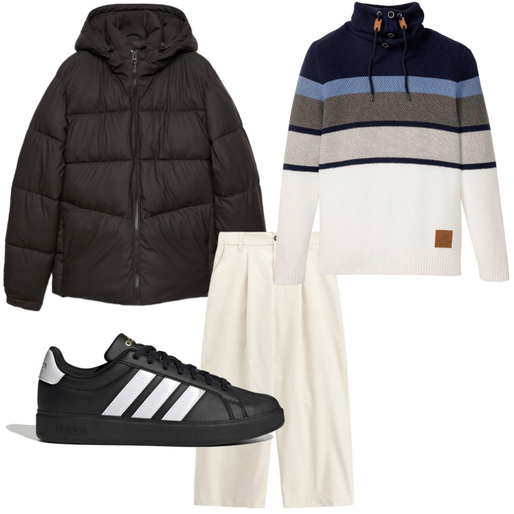 Outfit uomo - Capi per uso quotidiano. Stile Casual per Tutti i giorni. Abbinamento con pantaloni, piumini, maglieria, sneakers.