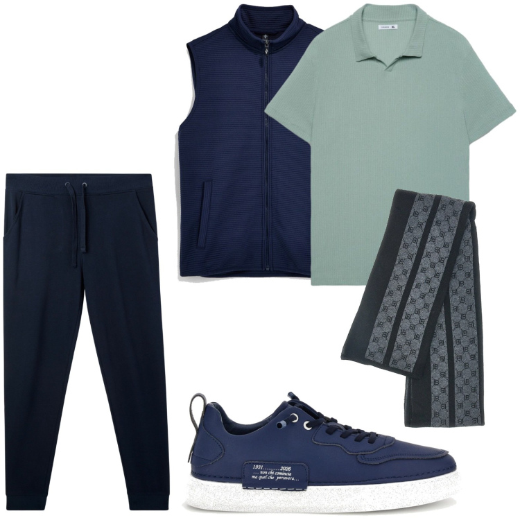 Outfit uomo - Relax con gli amici. Stile Casual per Tutti i giorni. Abbinamento con pantaloni, polo, sciarpe, sneakers, gilet.