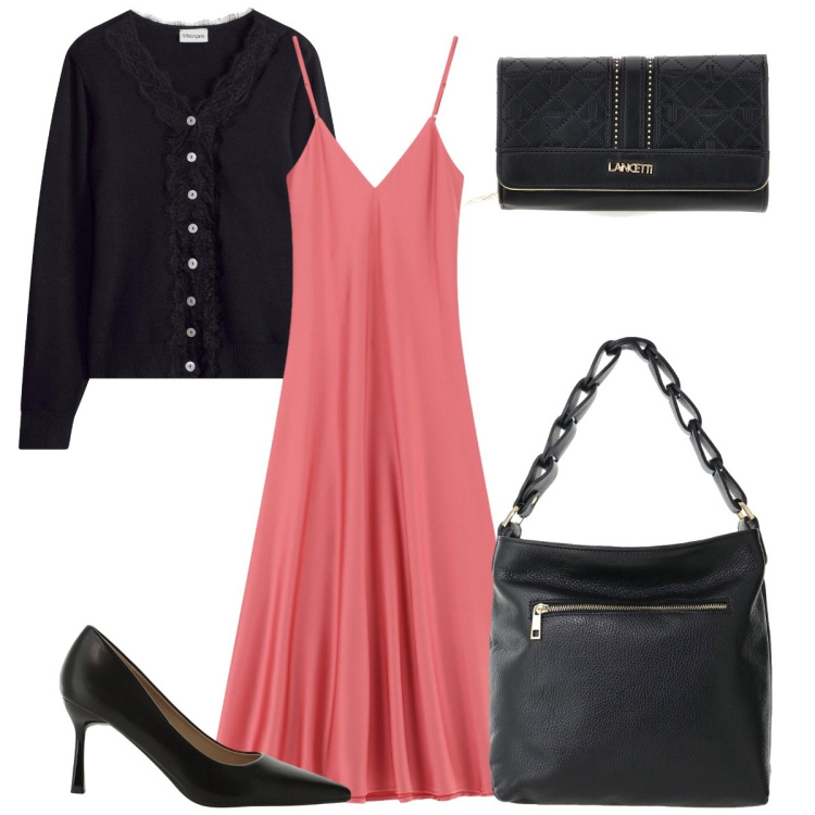 Outfit donna - L'abito rosa. Stile Basic per Serata fuori. Abbinamento con borse a spalla, décolleté, vestiti lunghi, cardigans, portafogli.