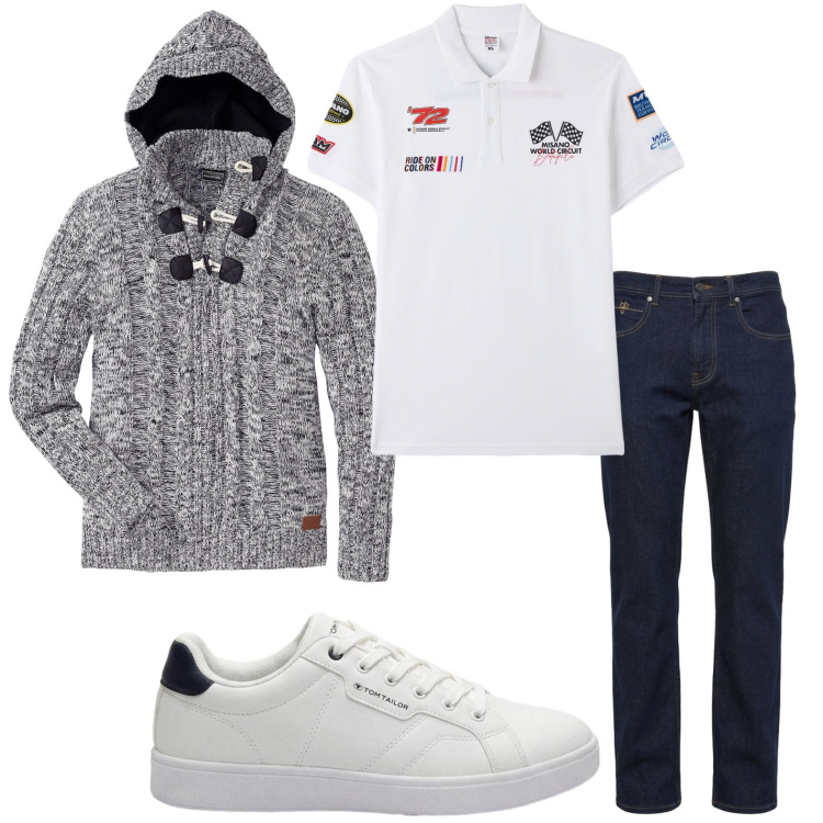 Outfit uomo - Polo con stampa. Stile Casual per Tutti i giorni. Abbinamento con jeans, polo, maglieria, sneakers.