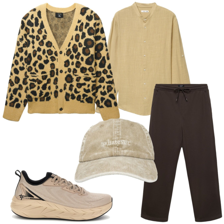 Outfit uomo - Animalier. Stile Casual per Tutti i giorni. Abbinamento con cardigans, camicie, cappelli con visiera, pantaloni, sneakers.