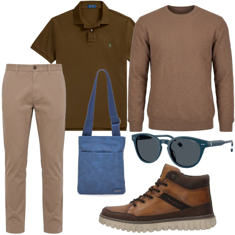 Outfit uomo - Colori caldi. Stile Casual per Tutti i giorni. Abbinamento con maglieria, pantaloni, polo, occhiali da sole, portafogli, anfibi.