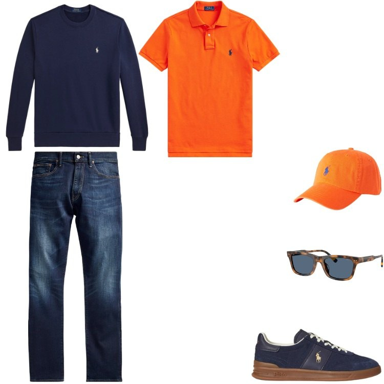 Outfit uomo - Armonia complementare Uomo. Abbinamento con jeans, polo, occhiali da sole, cappelli con visiera, sneakers, felpe.
