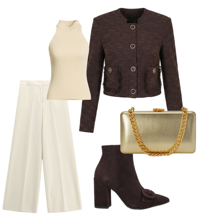 Outfit donna - Panna e cioccolato. Stile Chic per Ufficio. Abbinamento con pantaloni a palazzo, clutch, blazer, stivaletti, maglieria.