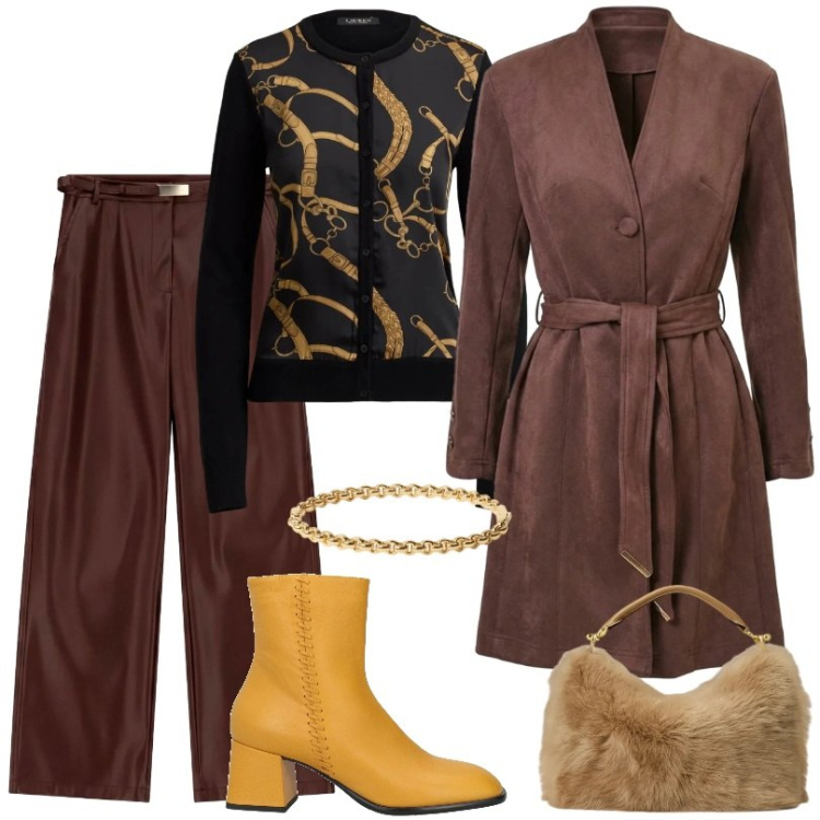 Outfit donna - Autunno. Stile Chic per Tutti i giorni. Abbinamento con pantaloni, borse a mano, cardigans, braccialetti, trench, stivaletti.