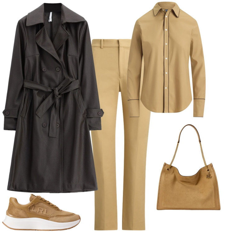 Outfit donna - Minimal chic ufficio tempo libero. Stile Minimal per Ufficio. Abbinamento con trench, camicie, pantaloni, borse tote, sneakers.