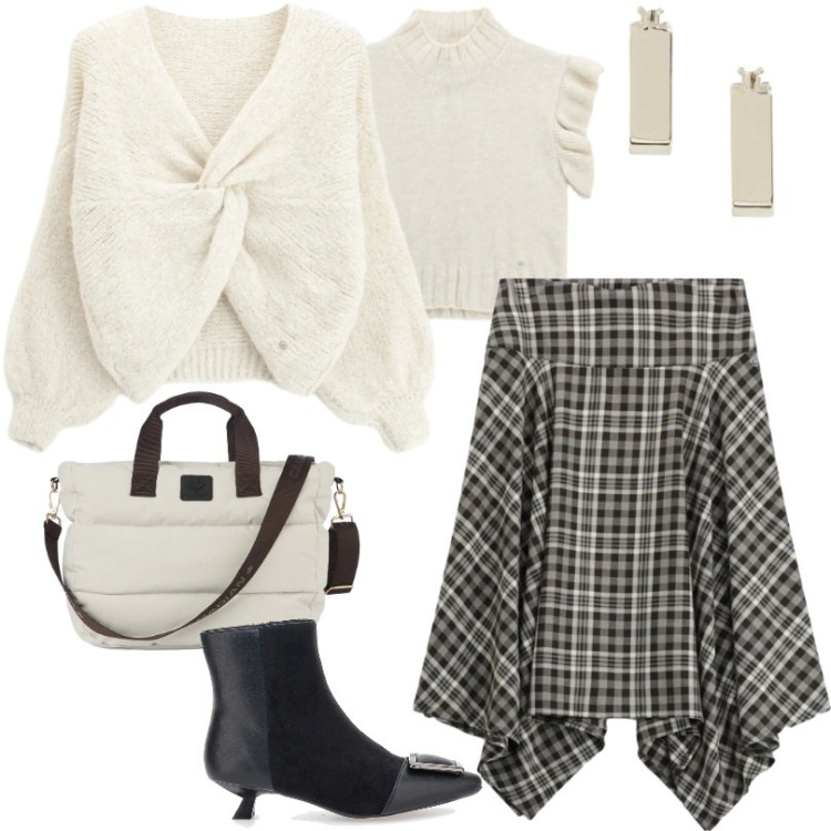 Outfit donna - Abbinare il panna. Stile Trendy per Tutti i giorni. Abbinamento con orecchini, maglieria, maglieria, gonne longuette, borse tote, stivaletti.