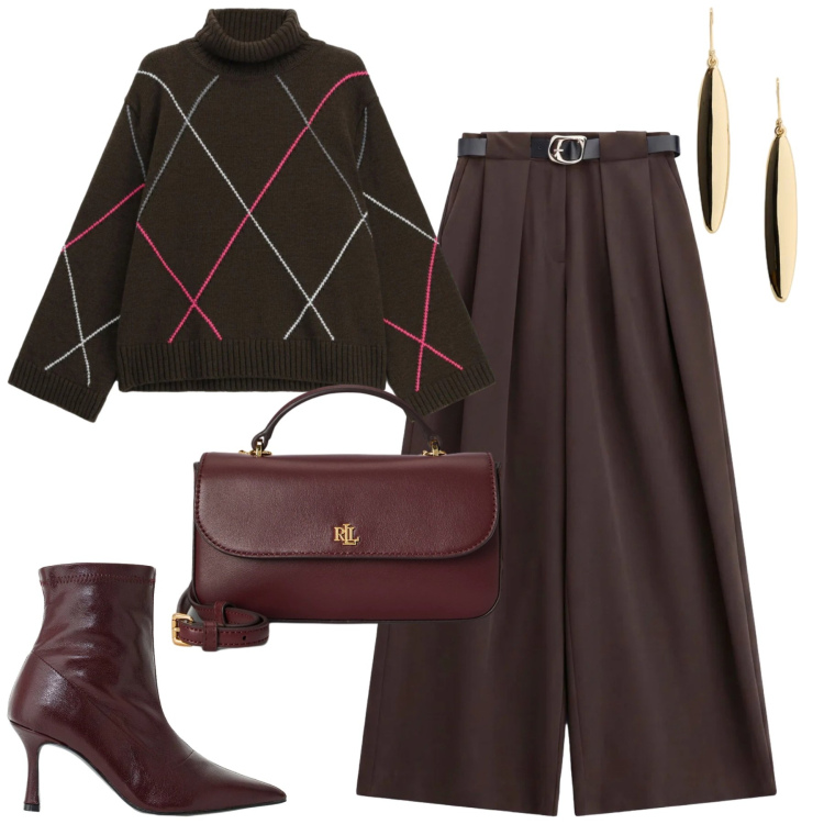 Outfit donna - Imperial. Stile Trendy per Tutti i giorni. Abbinamento con pullovers, pantaloni a palazzo, stivaletti, orecchini, borse a mano.