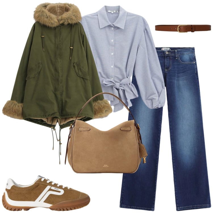 Outfit donna - Il parka Please. Stile Casual chic per Tutti i giorni. Abbinamento con borse a mano, sneakers, cinture, parka, jeans dritti, camicie.