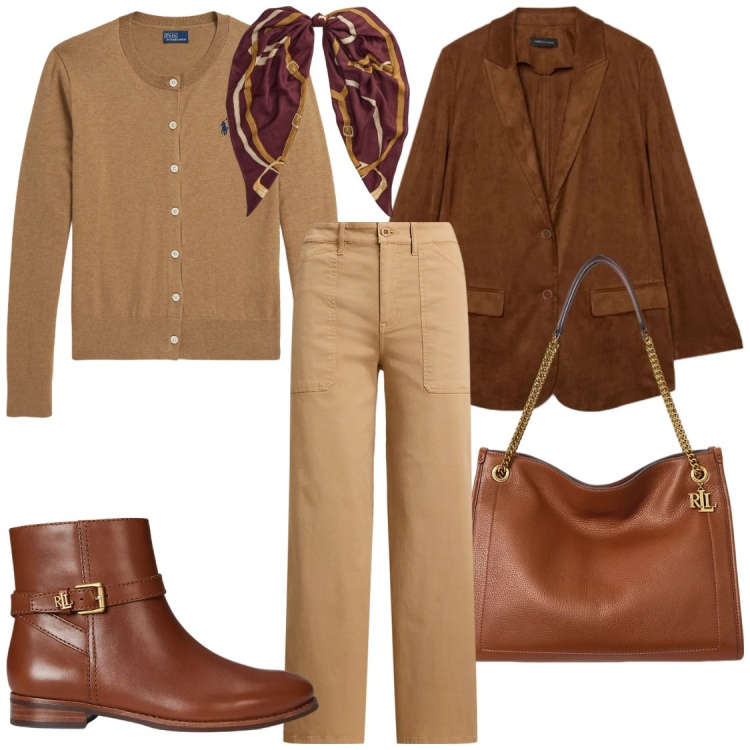 Outfit donna - In ufficio. Stile Chic per Ufficio. Abbinamento con blazer, pantaloni, borse tote, stivaletti, cardigans, foulard.