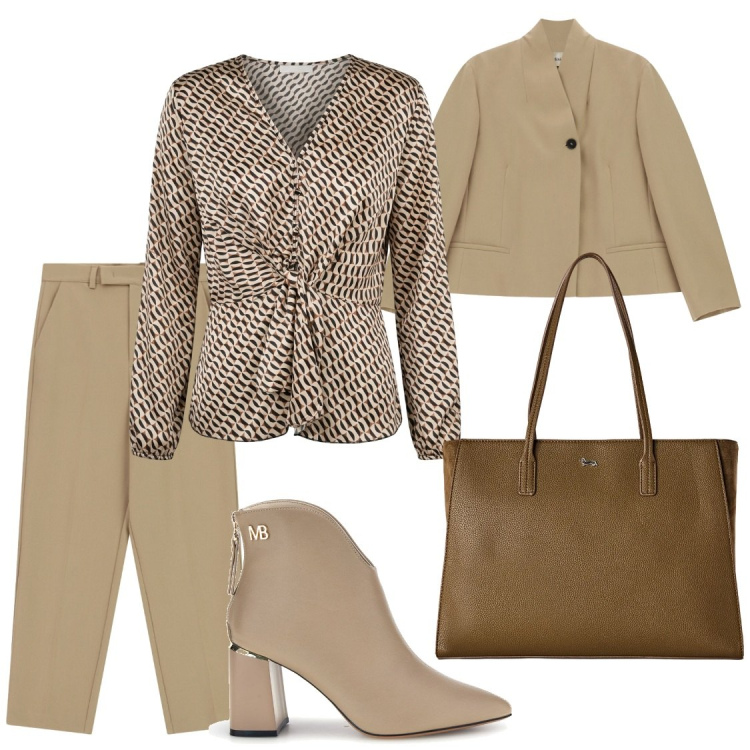 Outfit donna - Venerdì esco da lavoro e ceno fuori. Stile Chic per Ufficio. Abbinamento con shopping bag, blazer, pantaloni, bluse, stivaletti.