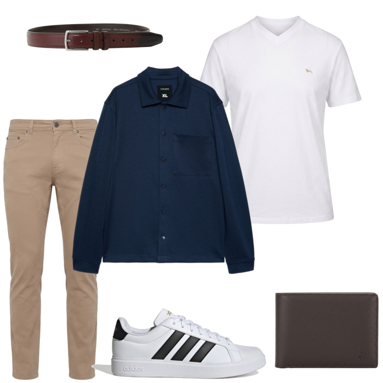 Outfit uomo - Total look #2489024. Stile Casual per Ufficio. Abbinamento con pantaloni, t-shirt, cinture, camicie, portafogli, sneakers.