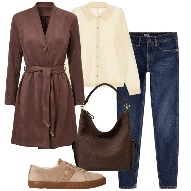 Outfit donna - Pomeriggio. Stile Basic per Serata fuori. Abbinamento con cardigans, jeans slim fit, sneakers, borse a spalla, trench.