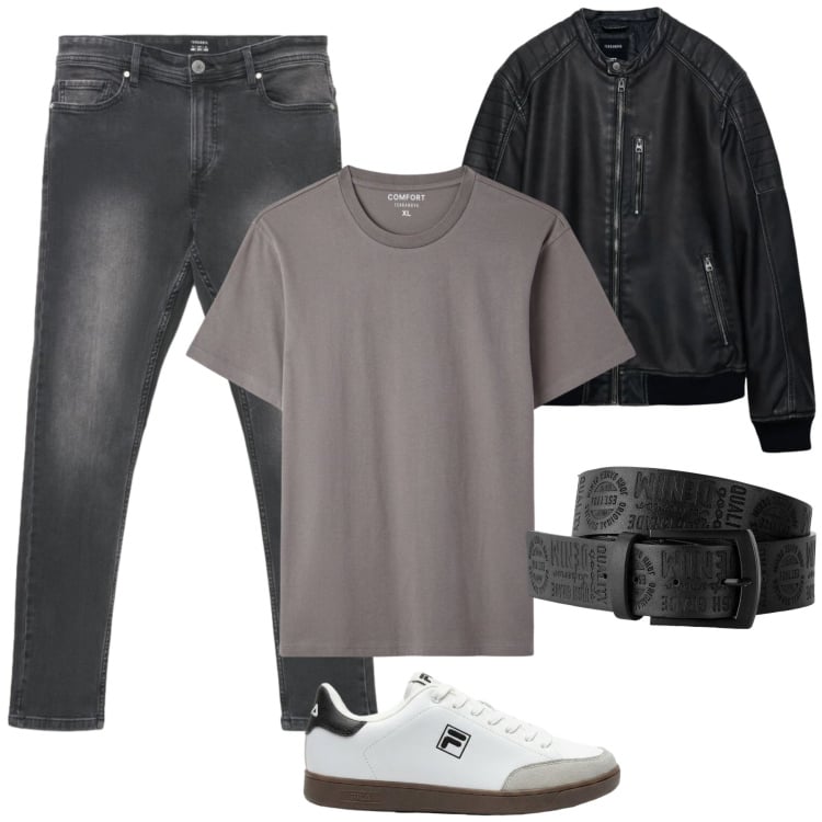 Outfit uomo - Total look #2489031. Stile Biker Rock per Tutti i giorni. Abbinamento con cinture, sneakers, giacche, jeans skinny, t-shirt.