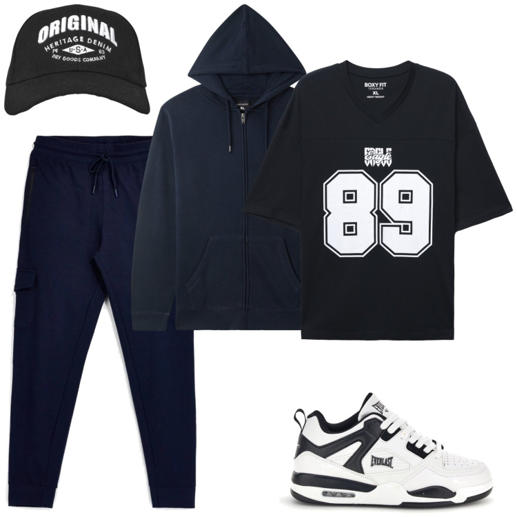 Outfit uomo - Total look #2489036. Stile Urban per Tutti i giorni. Abbinamento con t-shirt, cappelli con visiera, felpe con cappuccio, sneakers, pantaloni cargo.