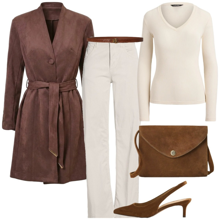 Outfit donna - Pomeriggio. Stile Basic per Serata fuori. Abbinamento con borse a tracolla, décolleté, cinture, maglieria, trench, pantaloni.