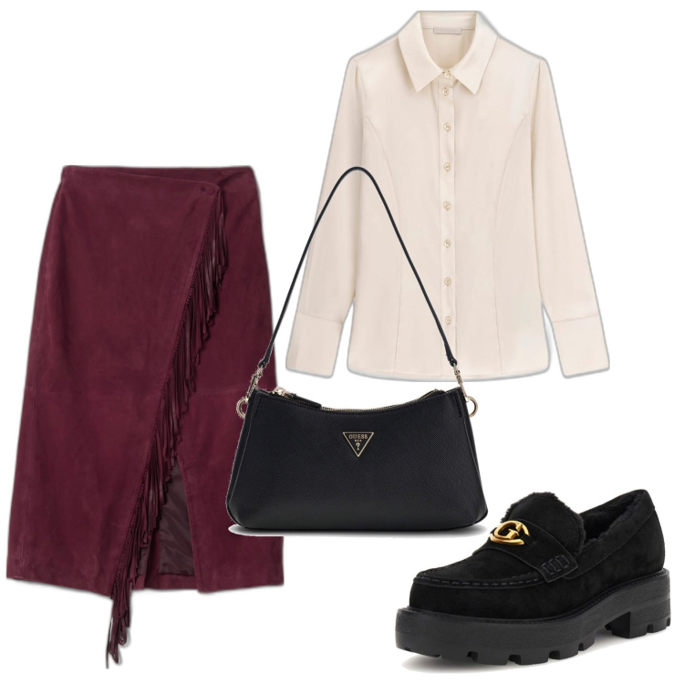 Outfit mujer - Urban look. Estilo Urban para Oficina. Combinación con mocasines, bolsos de hombro, camisas, faldas largas.