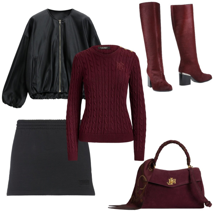 Outfit donna - Minigonna. Stile Basic per Serata fuori. Abbinamento con blazer, borse a mano, maglieria, stivali, minigonne.