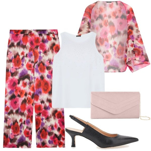 Outfit donna - Invitata al matrimonio. Stile Chic per Cerimonia. Abbinamento con clutch, top, pantaloni a palazzo, blazer, décolleté.