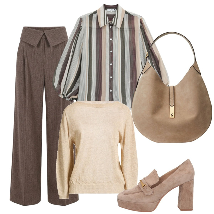 Outfit donna - Righe. Stile Basic per Serata fuori. Abbinamento con borse a spalla, camicie, pantaloni a palazzo, pullovers, mocassini.