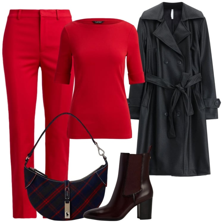 Outfit donna - Serata fuori. Stile Basic per Serata fuori. Abbinamento con trench, pantaloni, t-shirt, stivaletti, borse a spalla.