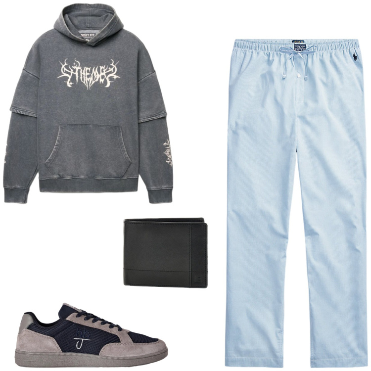 Outfit uomo - Total look #2489063. Stile Urban per Tutti i giorni. Abbinamento con sneakers, pantaloni, felpe con cappuccio, portafogli.