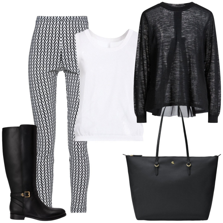 Outfit donna - Pomeriggio. Stile Basic per Serata fuori. Abbinamento con pullovers, top, leggings, borse tote, stivali.
