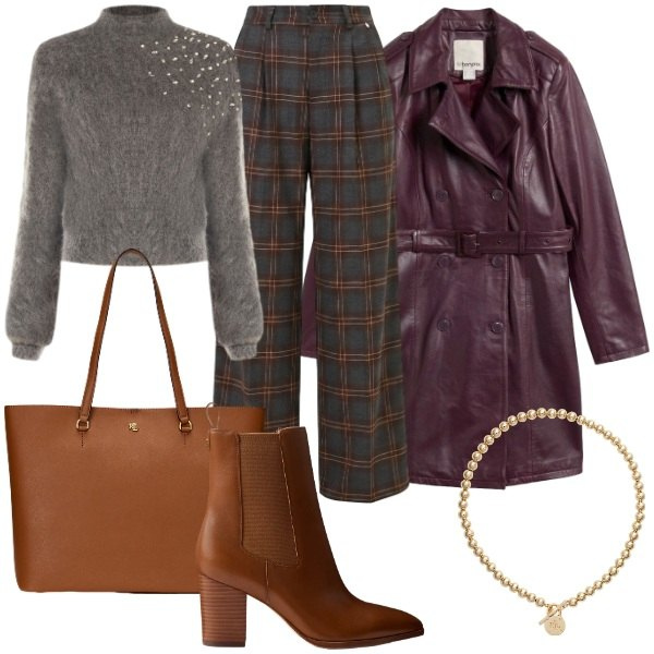 Outfit donna - Autumn Upgrade Mid Season. Stile Glamour per Tutti i giorni. Abbinamento con collane, borse tote, stivaletti, maglieria, pantaloni a palazzo, trench.