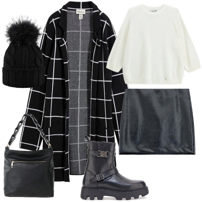 Outfit donna - Nero con sprazzi di bianco. Stile Urban per Tutti i giorni. Abbinamento con borse a spalla, minigonne, maglieria, berretti, cardigans, stivaletti.