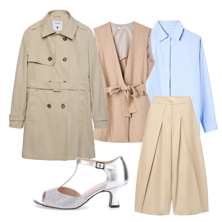 Outfit donna - Trench manifesto di stile. Stile Mannish per Ufficio. Abbinamento con pantaloni a palazzo, gilet, trench, camicie, scarpe col tacco.