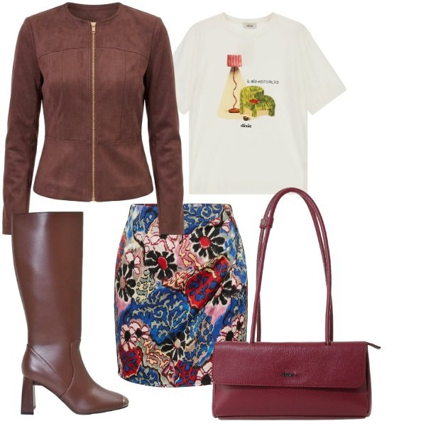 Outfit donna - rinnovare il guardaroba. Stile Glamour per Tutti i giorni. Abbinamento con minigonne, stivali sopra il ginocchio, blazer, borse a spalla, t-shirt.