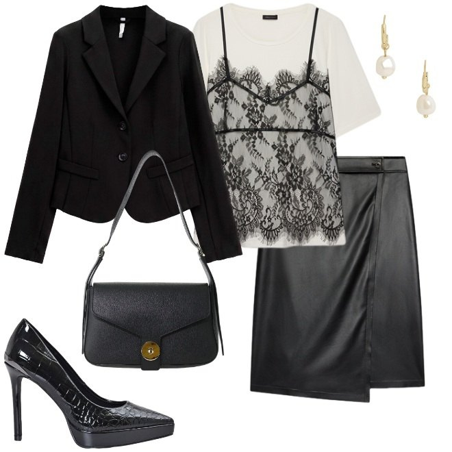 Outfit donna - Invito a cena. Stile Glamour per Serata fuori. Abbinamento con blazer, borse a spalla, gonne longuette, t-shirt, orecchini, décolleté.