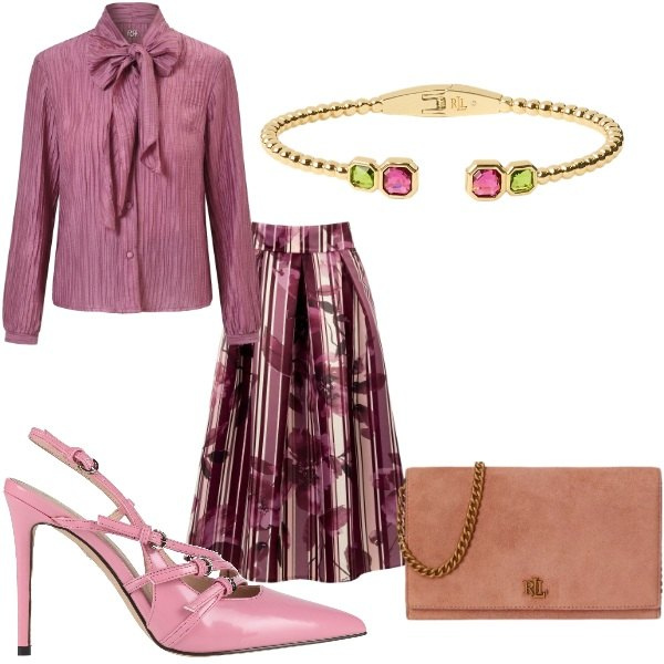 Outfit donna - stile bon ton. Stile Bon Ton per Serata fuori. Abbinamento con décolleté, gonne longuette, camicie, borse a tracolla, braccialetti.